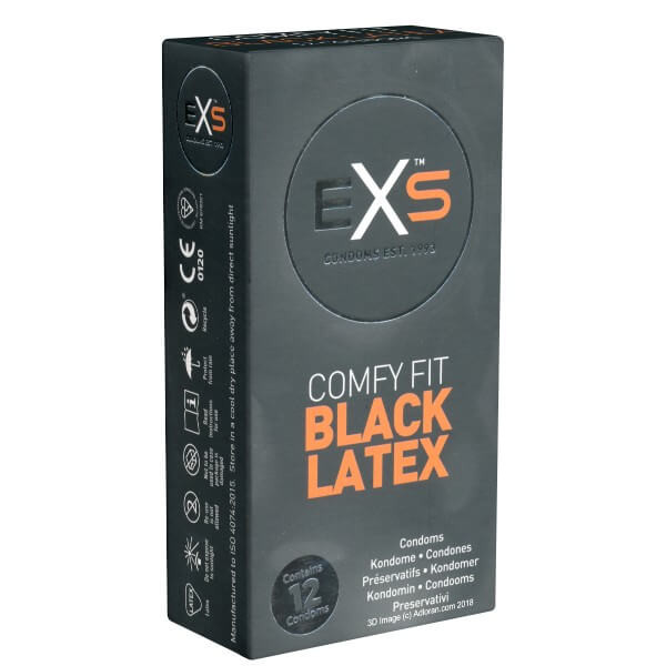 EXS Comfy Fit Black Latex 12 Condoms | Hot Candy English